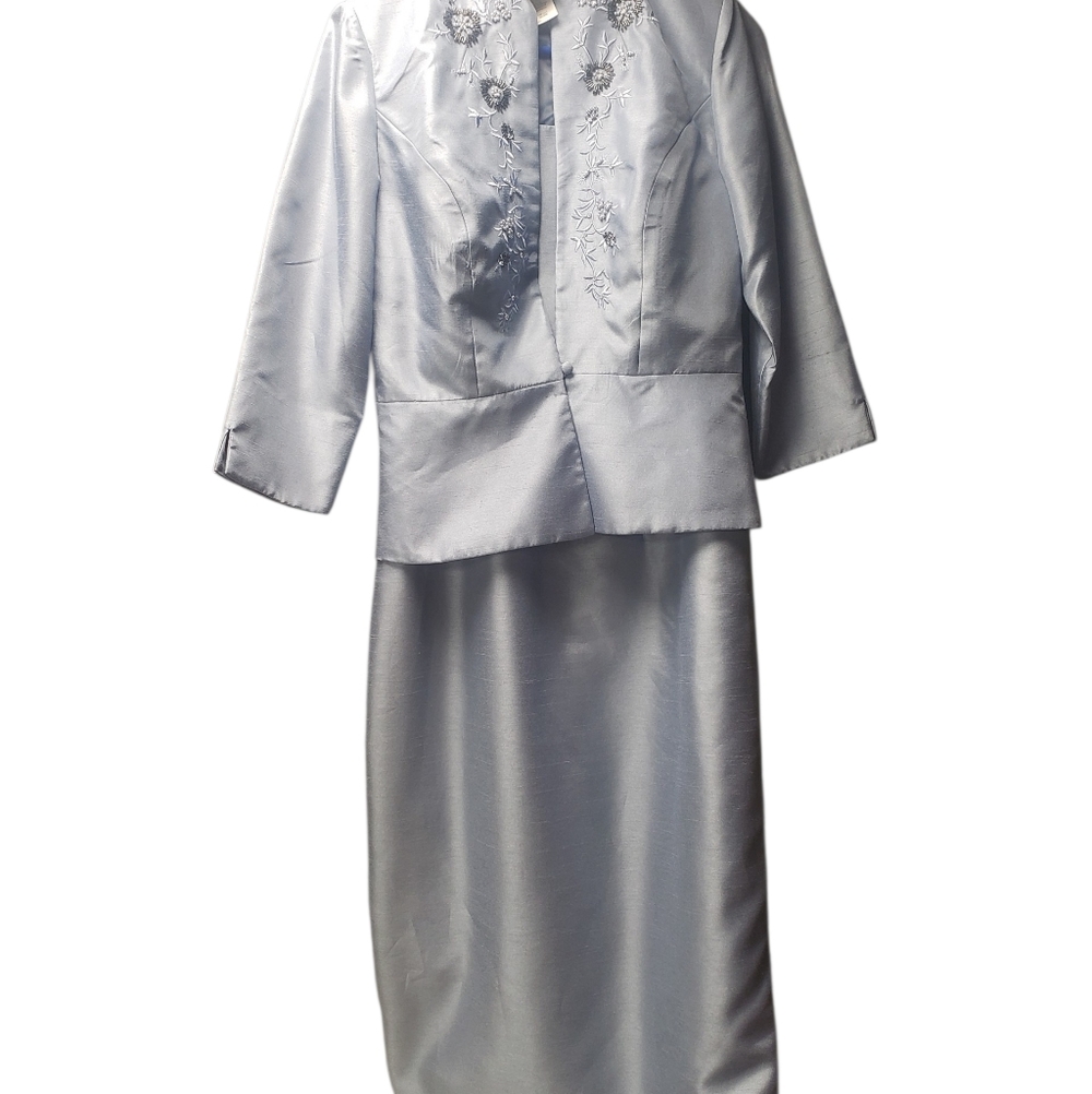 Coldwater Creek Silver Satin Prom Dress with Embroidered Jacket